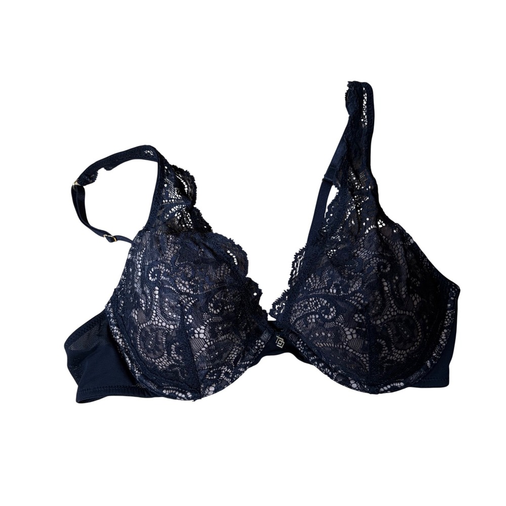 ThirdLove 24/7 Lace Contour Plunge Bra Navy Blue 34C Underwire Floral Lace